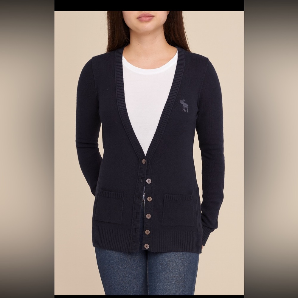 Y2K Abercrombie & Fitch Navy V Neck Cardigan Sweater Woman Medium Pockets Logo